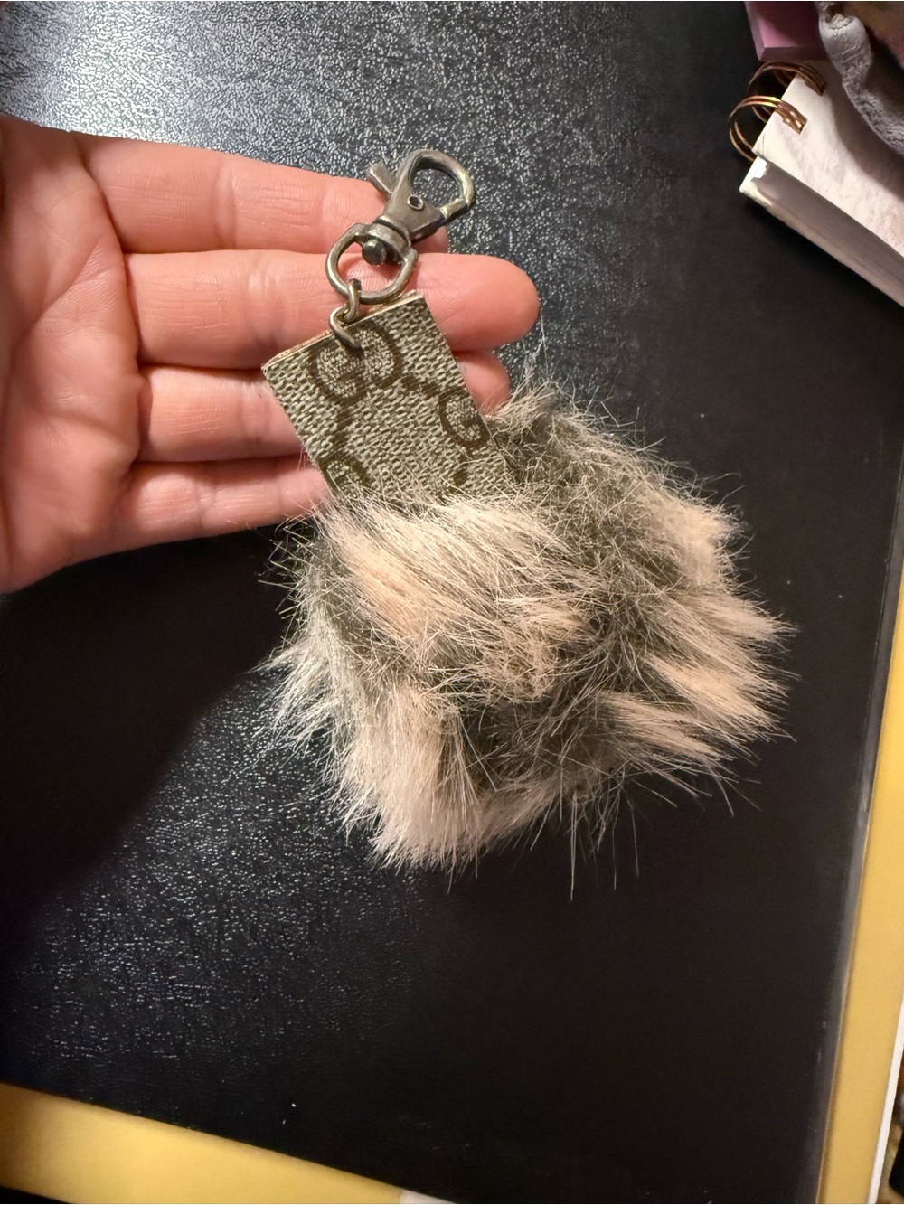 Gucci Beige Fur Pom Pom Keychain with Monogram Strap